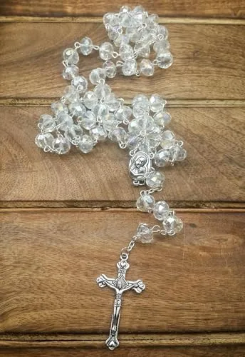Clear Crystal Bead Communion Rosary, 21 Inch view 6