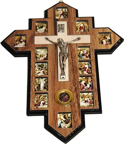 Three-Layer Olive Wood Crucifix with 14 Stations