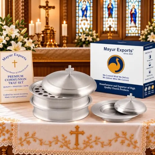 Mayur Satin Stainless Communion Set, 2 Trays and Bread Plate