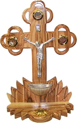 Olive Wood Table Crucifix with Holy Water Font view 4