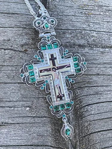 Silver-Plated Pectoral Cross with Green Stones view 3