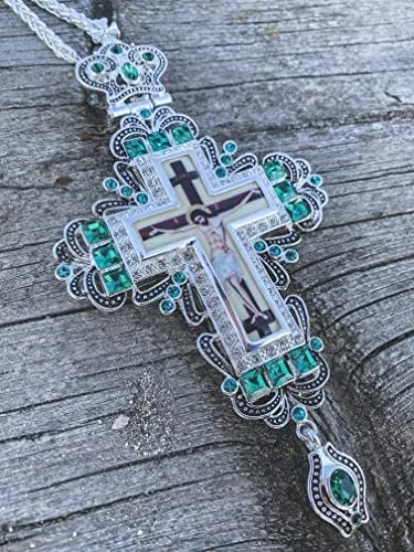 Silver-Plated Pectoral Cross with Green Stones view 4