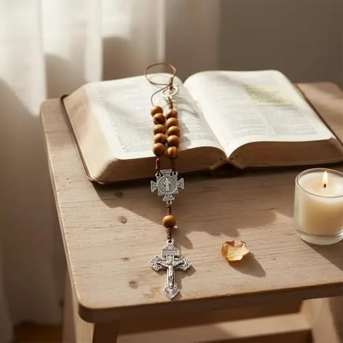 St. Benedict Car Mirror Rosary, Wood Beads