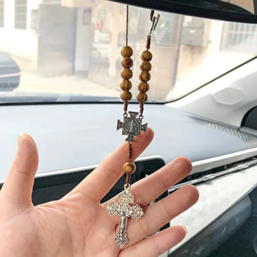 St. Benedict Car Mirror Rosary, Wood Beads view 5