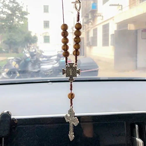 St. Benedict Car Mirror Rosary, Wood Beads view 6