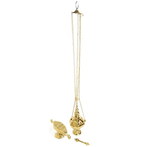 Needzo Detailed Brass Censer, Boat and Spoon Set, 10.5 in
