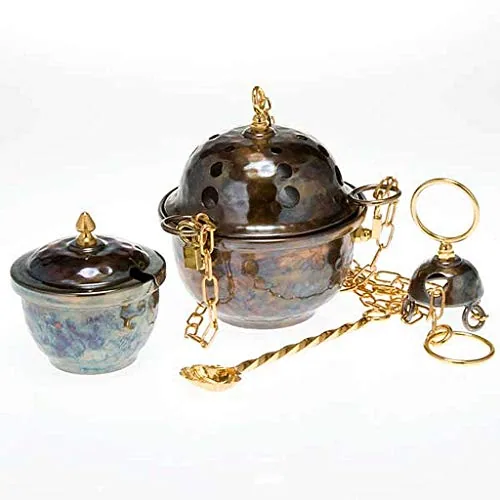 Holyart Embossed Bronze-Finish Censer and Boat, 80 cm Chains