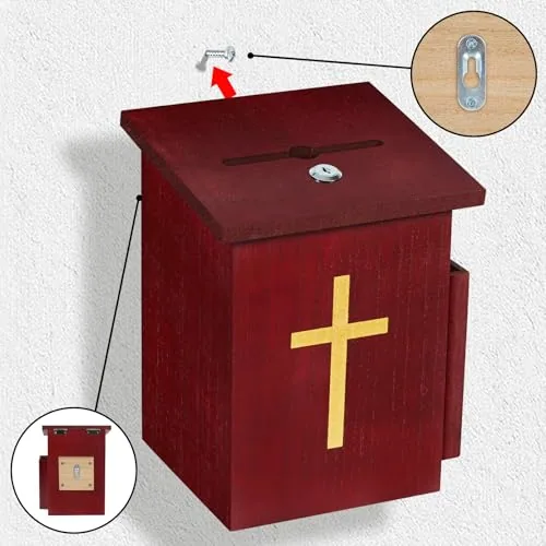 Amcortn Wood Offering Box with Lock and Cross view 3